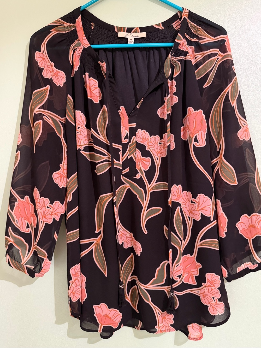 Floral Peasant Blouse Black and Pink Floral M Medium